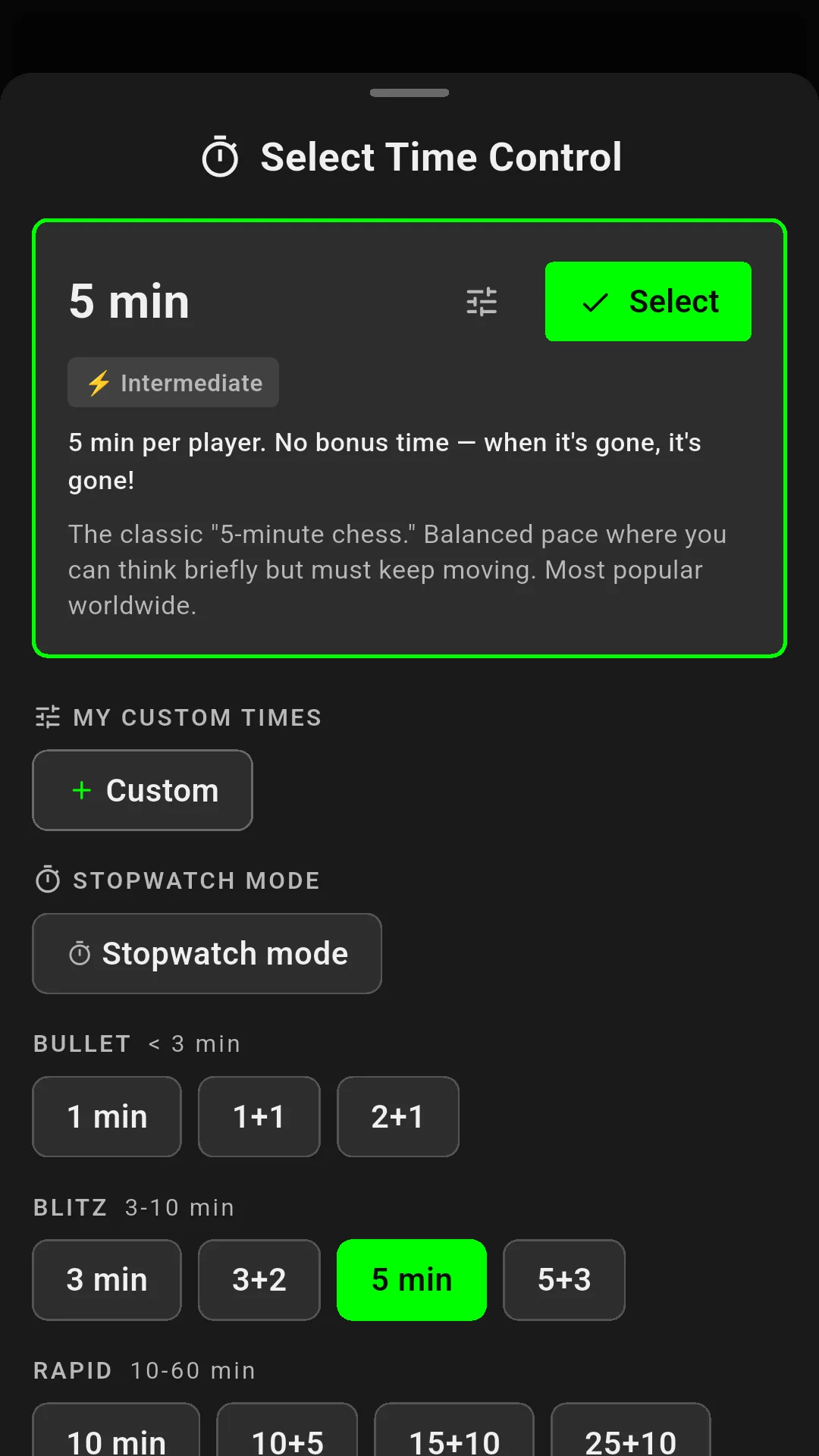 Chess timer time control selection screen