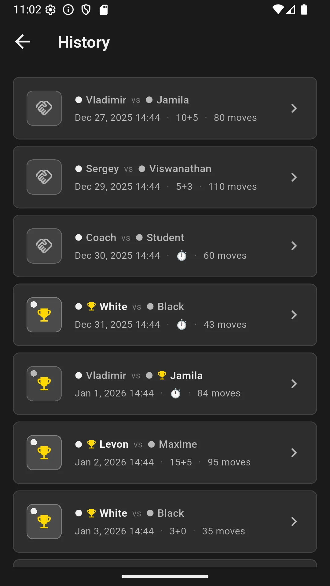 Chess clock game history and statistics