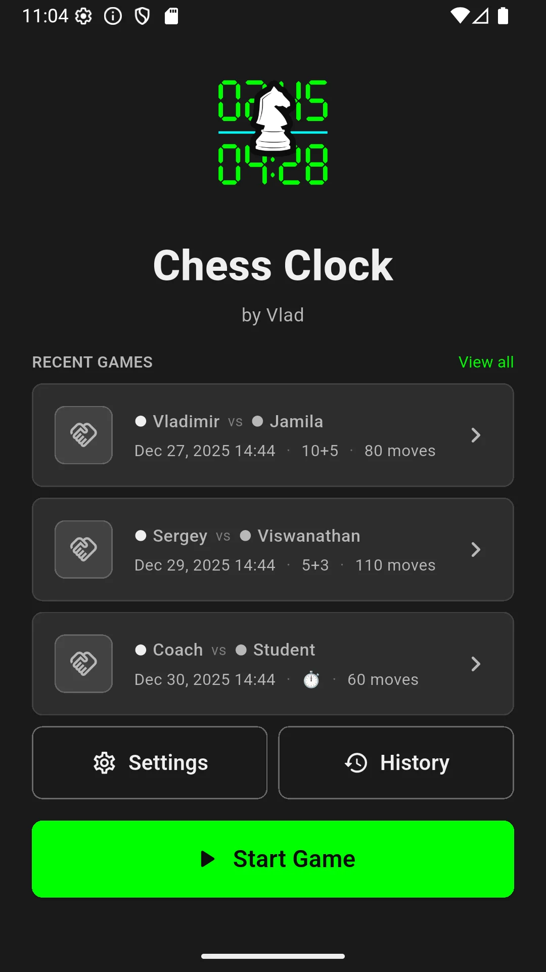 Free online chess clock welcome screen