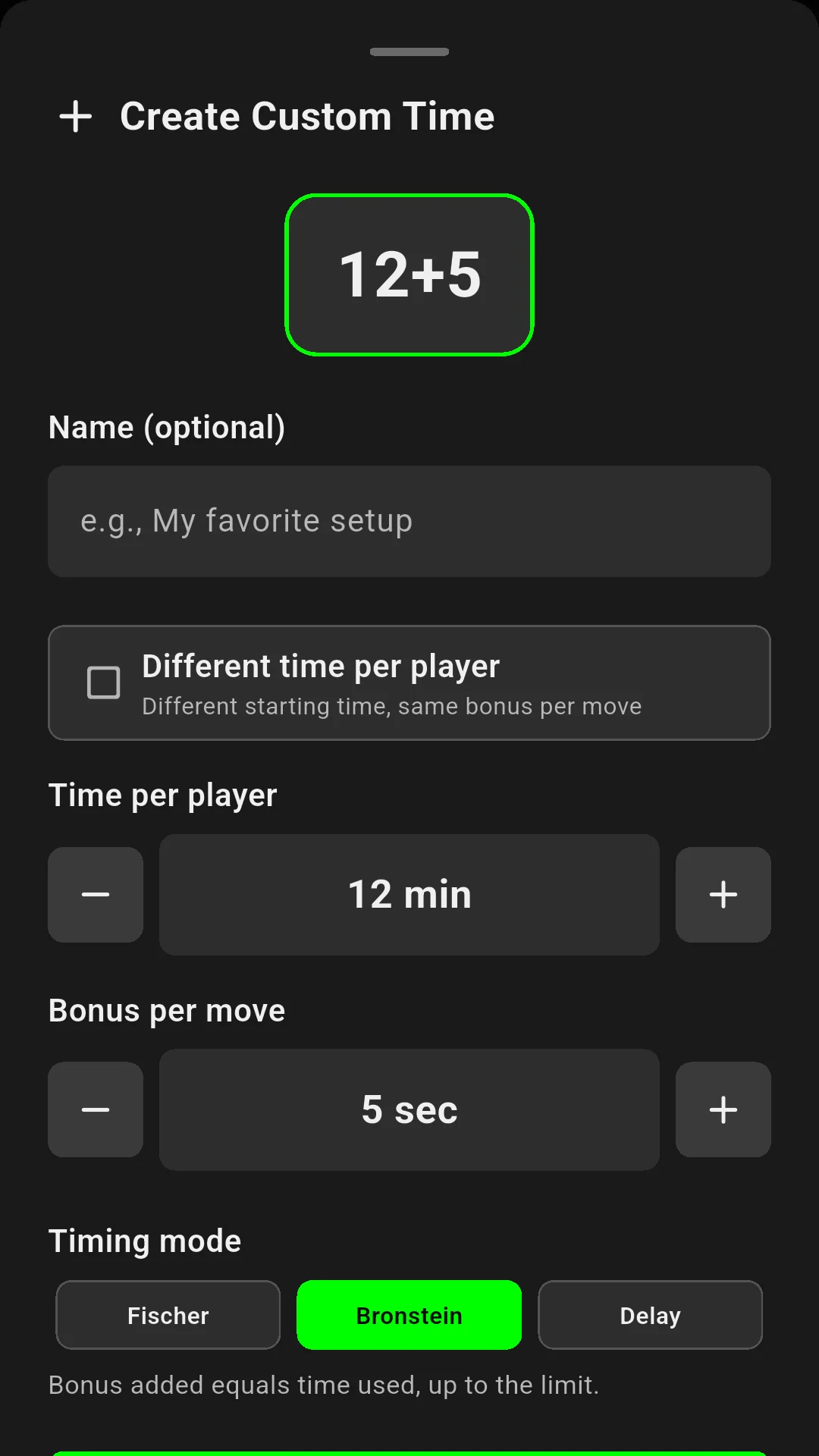 Custom chess timer creator with increment and delay options